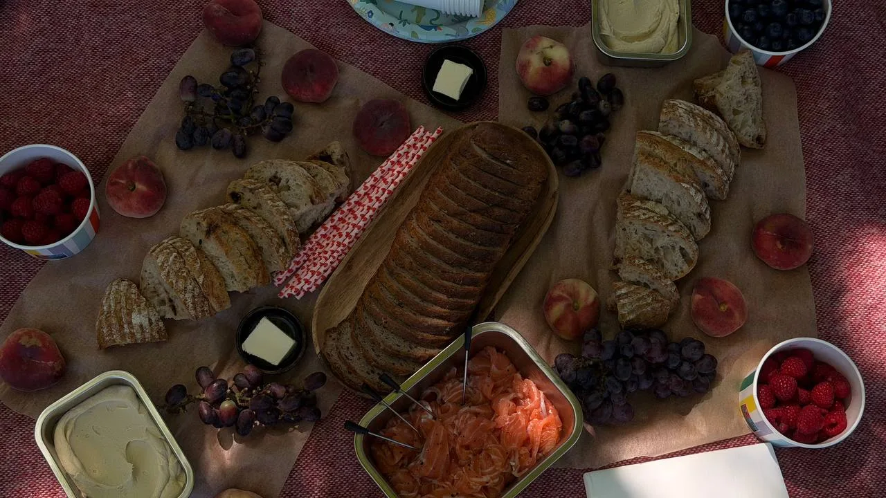 Picnic spread on a red blanket: sliced sourdough, hummus, cured salmon, grapes, peaches and berries